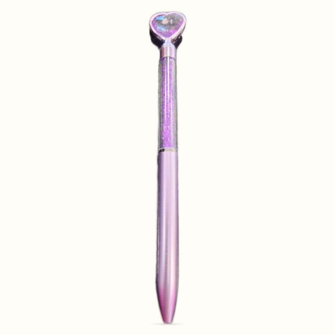 Purple glitter pen with heart-shaped purple top and metallic accents on white background