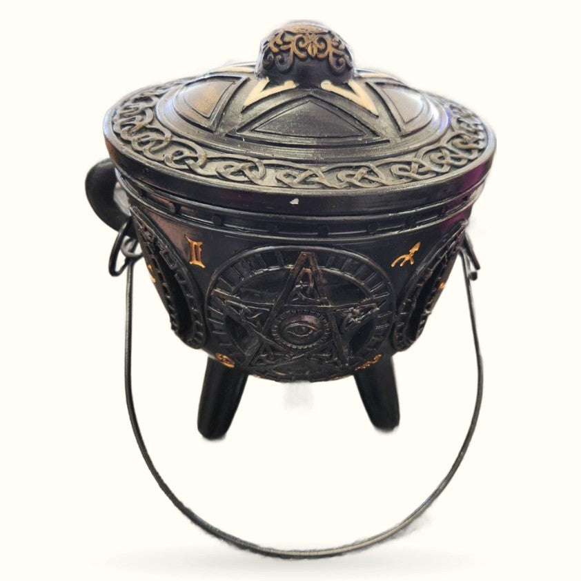 Black cauldron with triple moon and pentagram design, ornate lid, metal handles and tripod legs