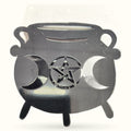 Black cast iron cauldron with triple moon phases and pentagram star cutout design