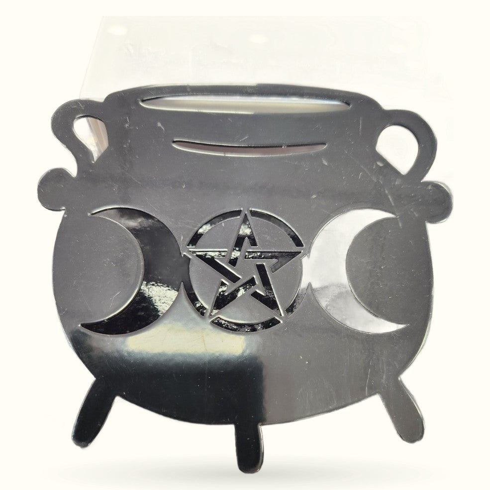 Black cast iron cauldron with triple moon phases and pentagram star cutout design
