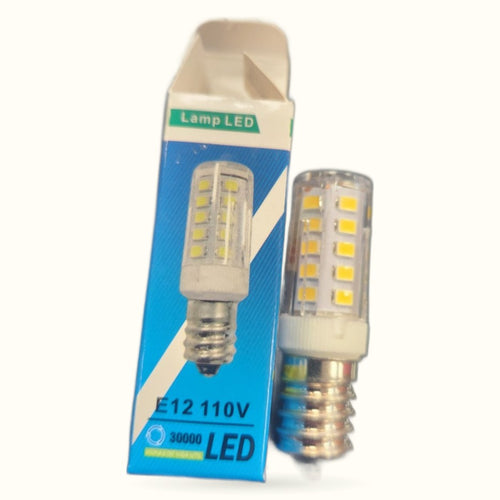 E12 110v LED mosaic lamp bulb with yellow SMD lights shown with packaging box