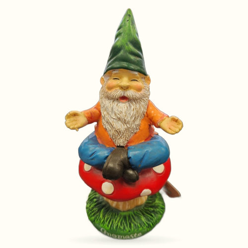Colorful garden gnome figurine sitting on a red spotted mushroom with green grass base