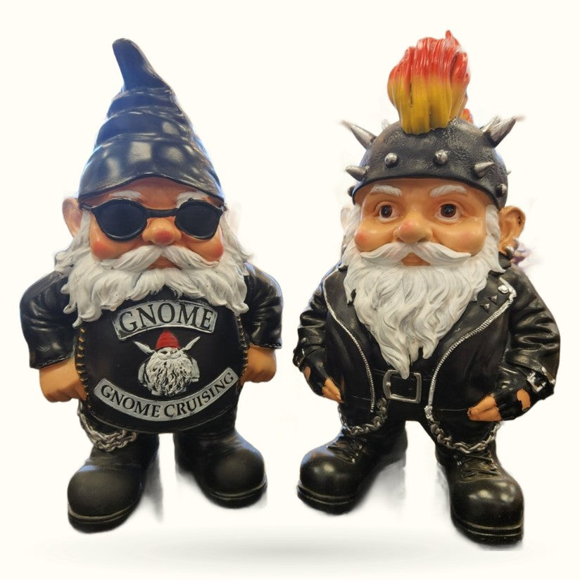 Two biker gnomes with white beards wearing black leather jackets and boots
