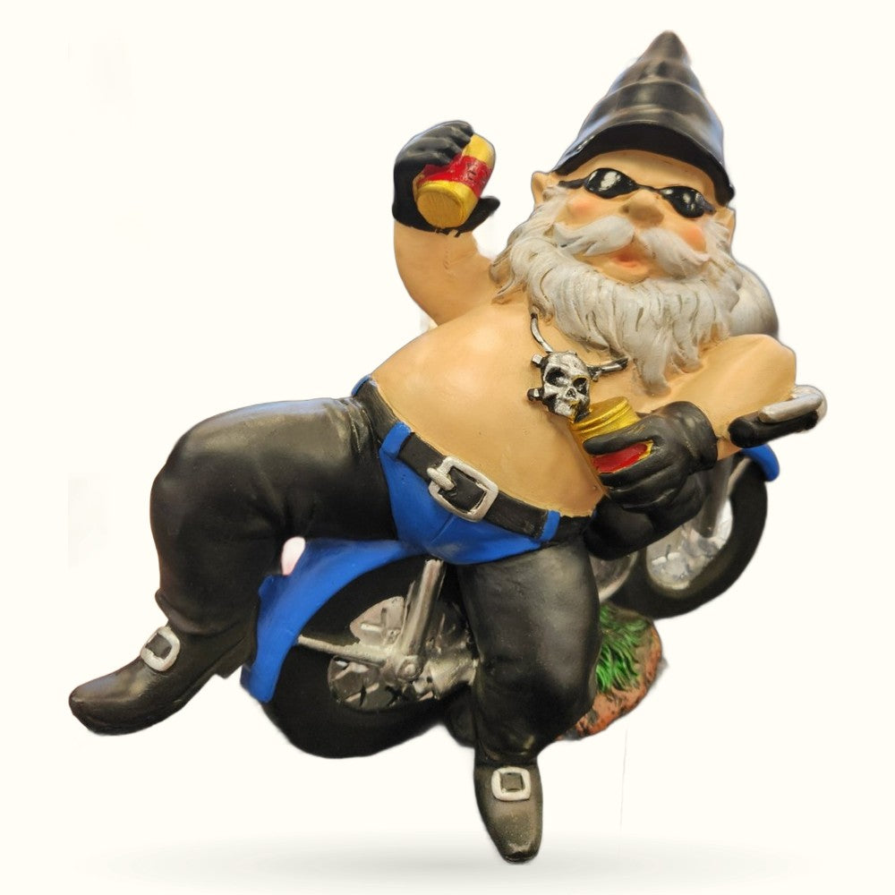30cm resin gnome figurine dressed as a biker with sunglasses, pointed hat, leather jacket and holding a beer mug
