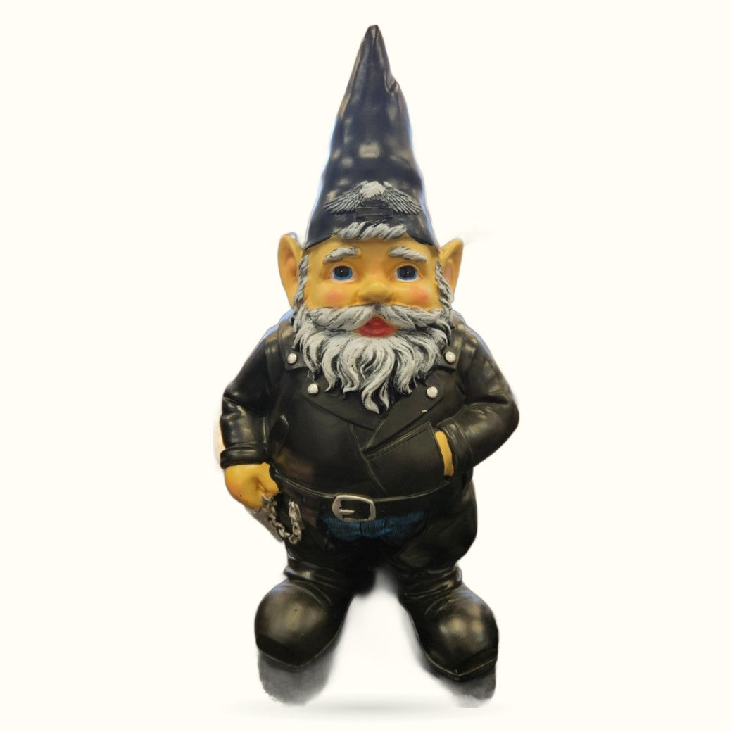 35cm tall biker gnome with black pointed hat, white beard, yellow face, and black leather jacket