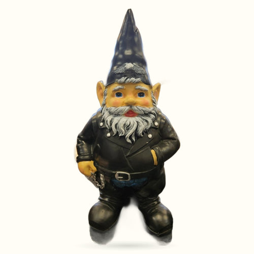 35cm tall biker gnome with black pointed hat, white beard, yellow face, and black leather jacket