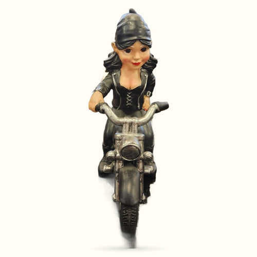 Biker Chick Ornament featuring a female figurine in black leather jacket on a motorcycle