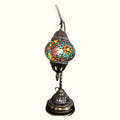 Turkish mosaic table lamp with colorful stained glass globe and black metal swan neck stand