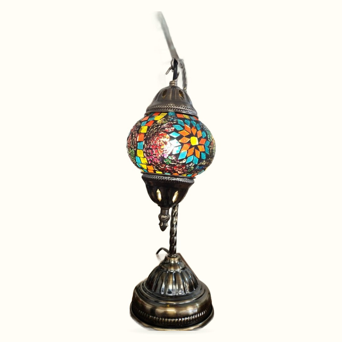 Turkish mosaic table lamp with colorful stained glass globe and black metal swan neck stand