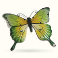 Green and yellow metal butterfly wall art with detailed wing patterns and long tail extensions