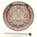Ornate bear-themed drum with intricate Celtic knot border and detailed bear head design, displayed with wooden mallet