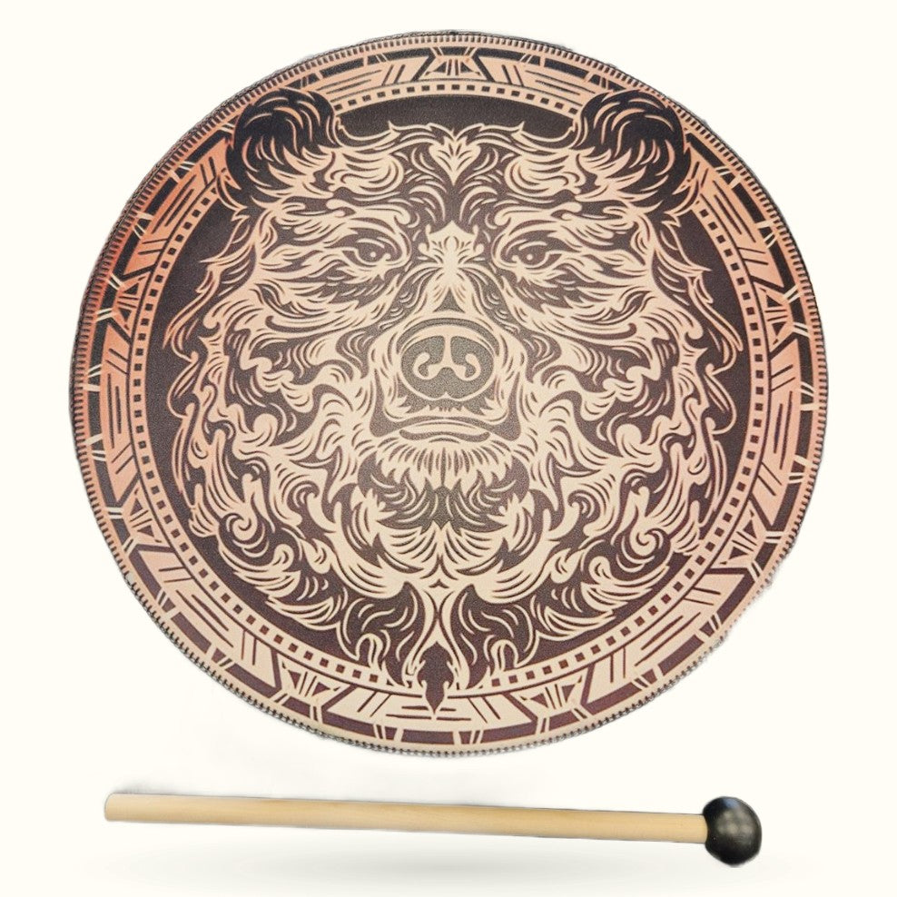 Ornate bear-themed drum with intricate Celtic knot border and detailed bear head design, displayed with wooden mallet