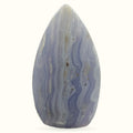 Polished blue lace agate tower with banded patterns, teardrop shape, 9cm height