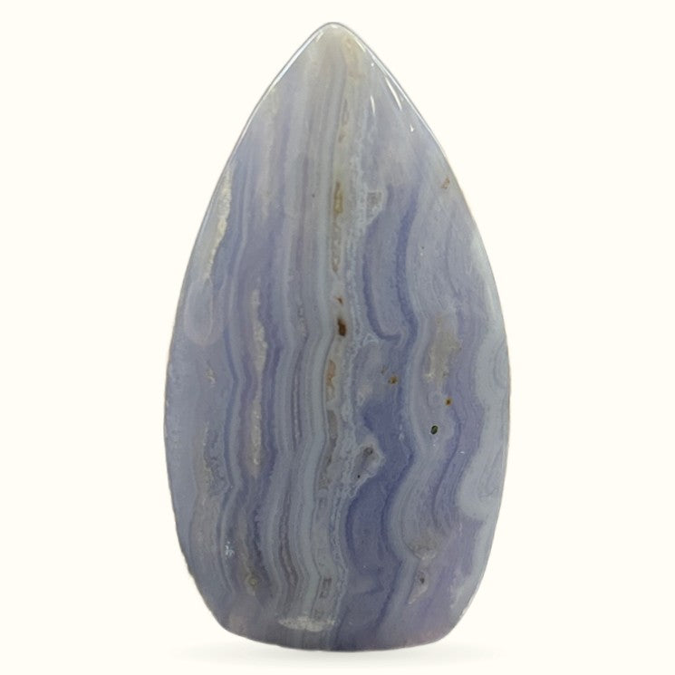Polished blue lace agate tower with banded patterns, teardrop shape, 9cm height