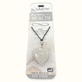 Clear quartz heart pendant on black cord from Wishstone Collection, displayed on branded packaging