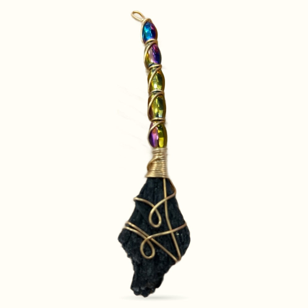 Black tourmaline broom pendant with colorful crystal handle and brass wire wrapping