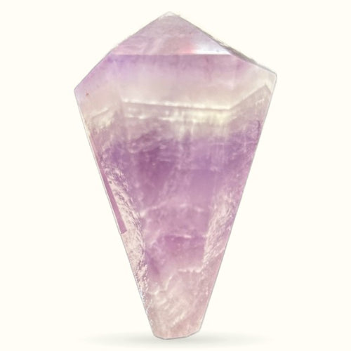 Polished amethyst crystal wand with pointed termination, displaying purple and clear banding