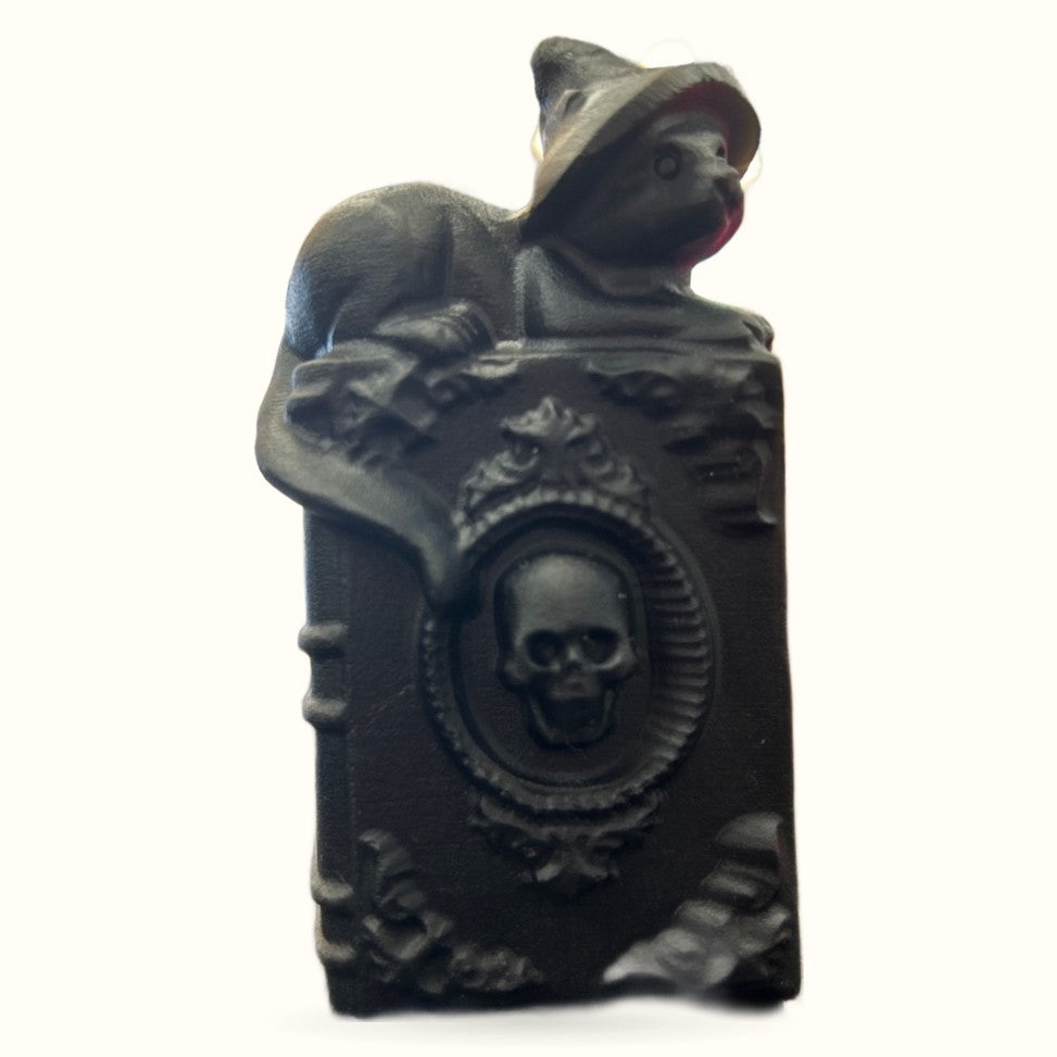 Black obsidian carved witch cat figurine perched atop a book-shaped base with skull emblem