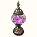 Purple and pink mosaic Turkish lamp with ornate bronze metal finials and base, 24cm tall