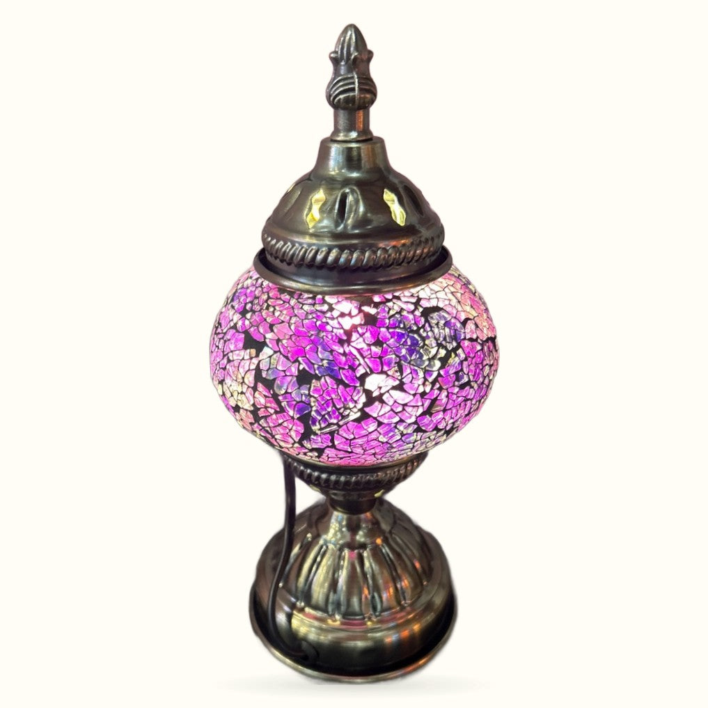Purple and pink mosaic Turkish lamp with ornate bronze metal finials and base, 24cm tall