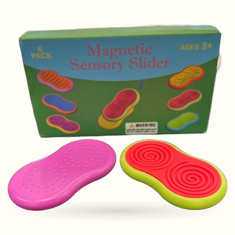 Six Pack Magnetic Sensory Sliders in bright colors including pink, red, yellow and lime green with various textures