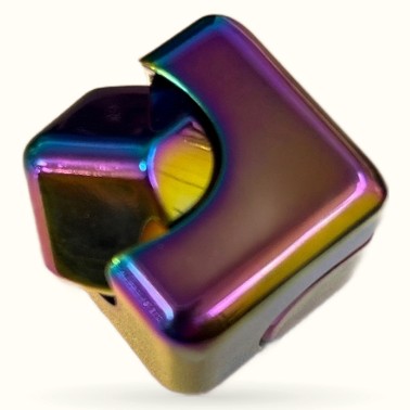Iridescent metal fidget cube with rainbow holographic finish and yellow button detail