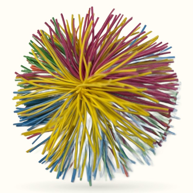 Colorful elastic fidget ball with radiating strands in yellow, purple, blue, green and pink