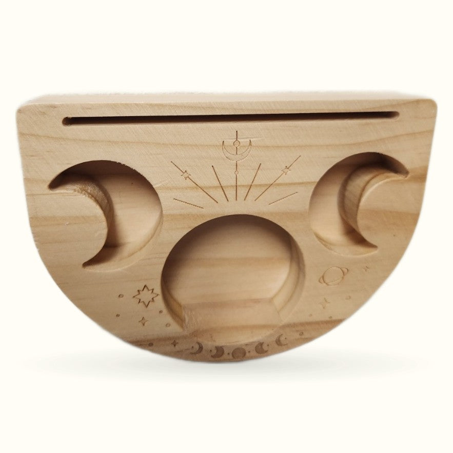 Natural wood tarot candle holder with moon phases and celestial engravings