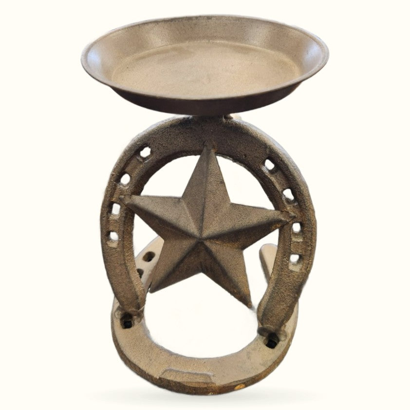 Cast iron horseshoe and star candle holder with bowl top, rustic bronze finish