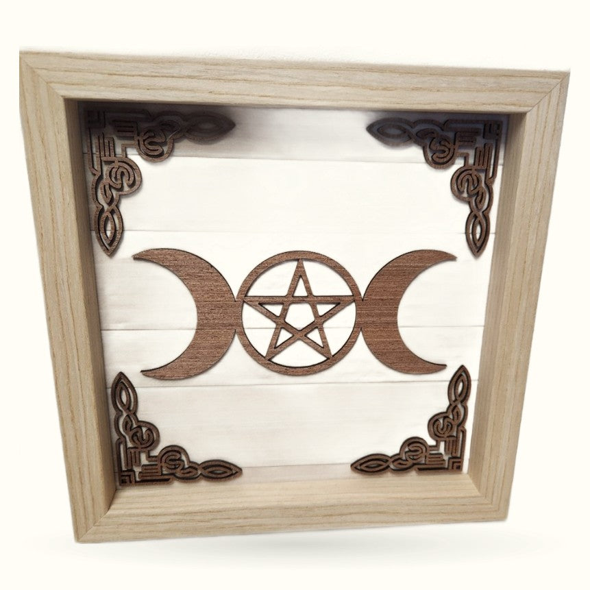 Square wooden plaque with triple moon phases and pentagram symbol in walnut frame