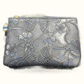 Grey leather purse with embossed floral and butterfly design and gold zip keychain