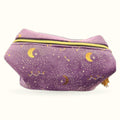 Purple makeup bag with gold moon, stars and constellation embroidery, yellow zip closure