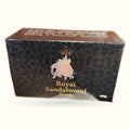Royal Sandalwood Soap box with black damask pattern, gold text, and ornate elephant logo