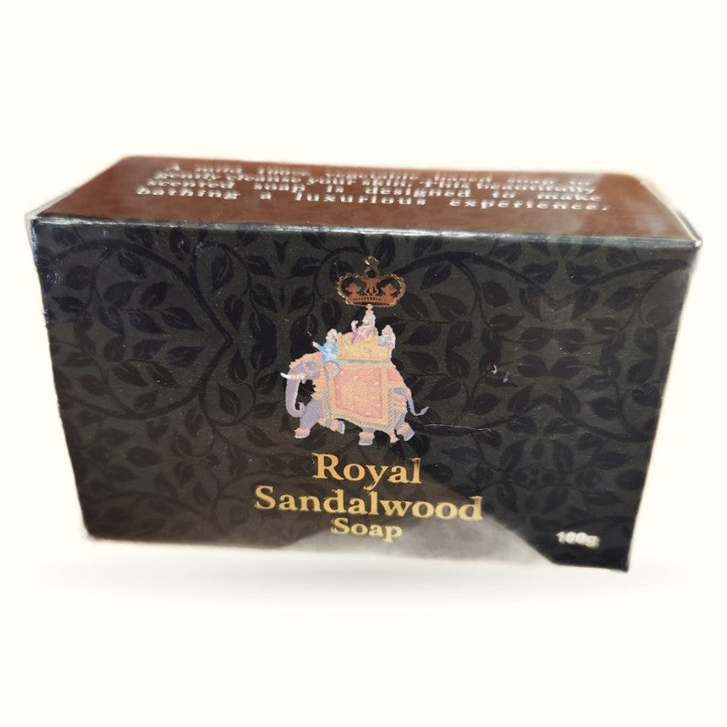 Royal Sandalwood Soap box with black damask pattern, gold text, and ornate elephant logo