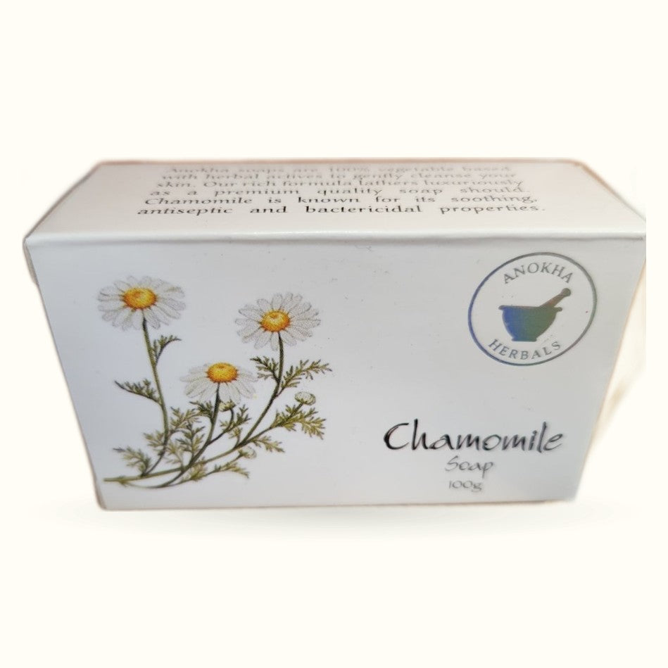 Anokha Herbals Chamomile Soap 100g bar with white packaging featuring chamomile flower illustration
