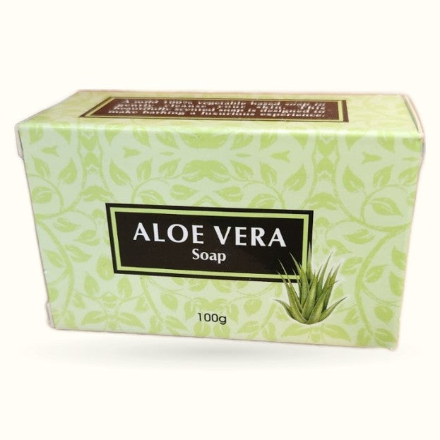 Aloe Vera Soap 100g box with pale green leaf pattern design and black label