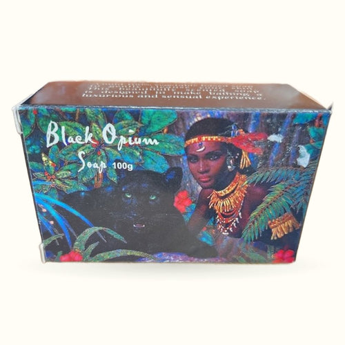 Black Opium Kamini Soap 100g box featuring tropical jungle artwork with woman and black panther