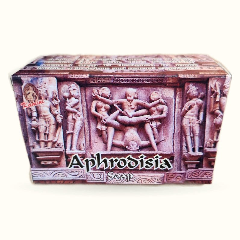 Aphrodisia Soap by Kamini in decorative burgundy box with carved Hindu deity relief imagery