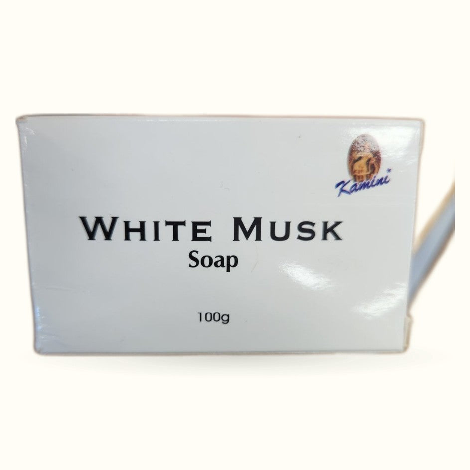 White Musk Kamini Soap 100g bar in white packaging with gold logo