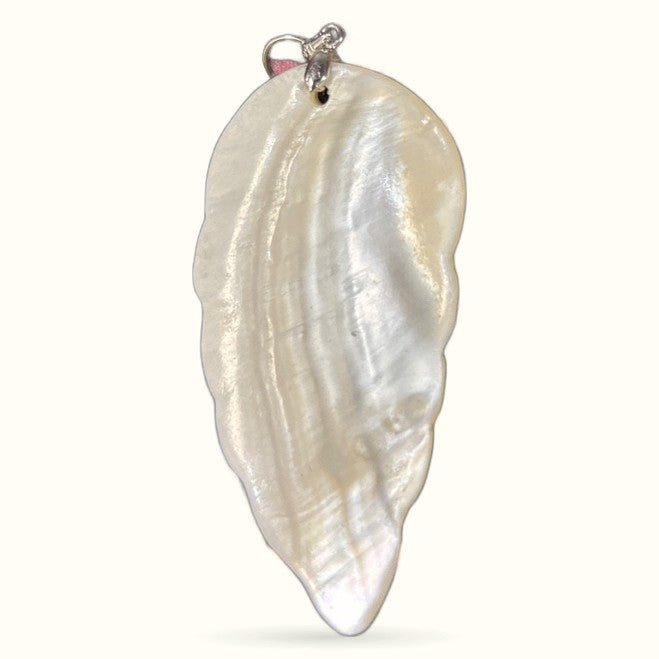 Cream bone feather pendant with natural striations hanging from silver bail clasp