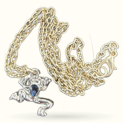 Silver frog pendant necklace with blue paua stone on gold chain