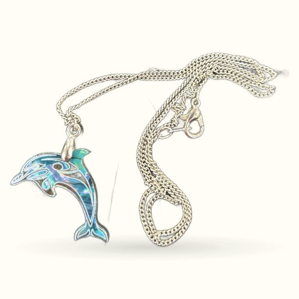 Silver chain necklace with blue and turquoise paua-shell dolphin pendant