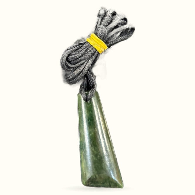 NZ Greenstone Point Necklace with grey braided cord, yellow band tie, and polished green stone pendant