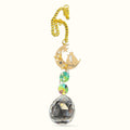 Golden moon and cats window hanger with faceted crystal drop and iridescent beads on gold chain