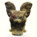 Bamboo Jasper gargoyle figurine with pointed ears, round eyes, and weathered brown-gold patina finish