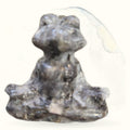 Gray-brown larvikite stone carved into a frog in a yoga pose sitting position