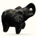 Black polished obsidian elephant figurine with trunk raised, displayed against white background