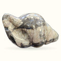 Polished Orca Jasper sea shell carving with black and white swirled patterns