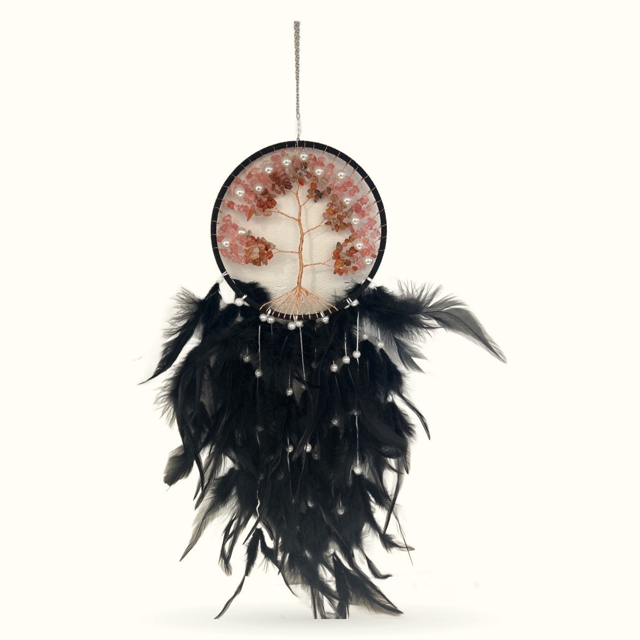 Black Strawberry Quartz Beaded Dreamcatcher with tree of life design and black feathers