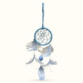 Small blue dreamcatcher with wrapped ring, web design, feathers and pom pom beads hanging